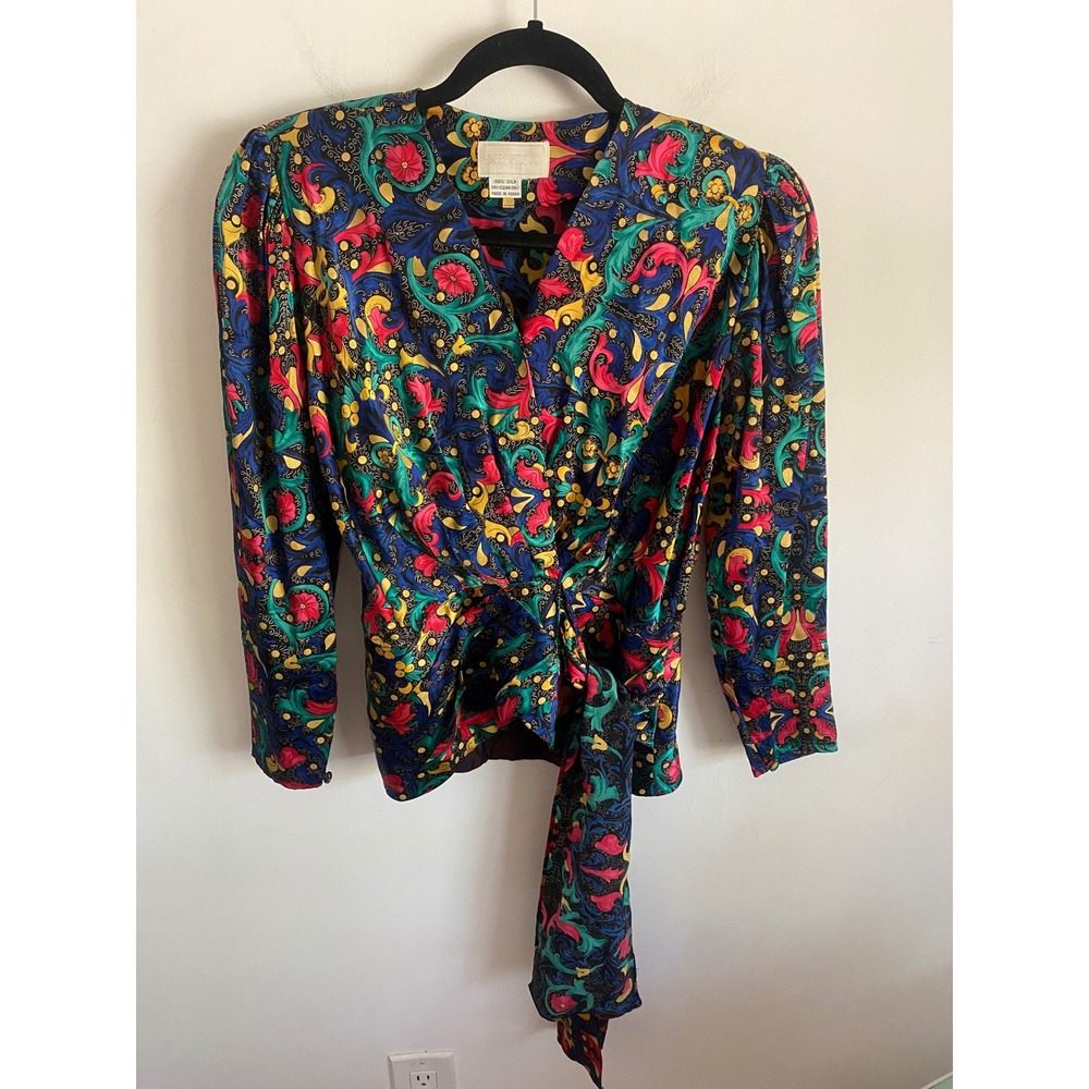 Silk Studio Vintage‎ 100% Silk Baroque Floral Wrap Tie Blouse Multicolor 80s 90s